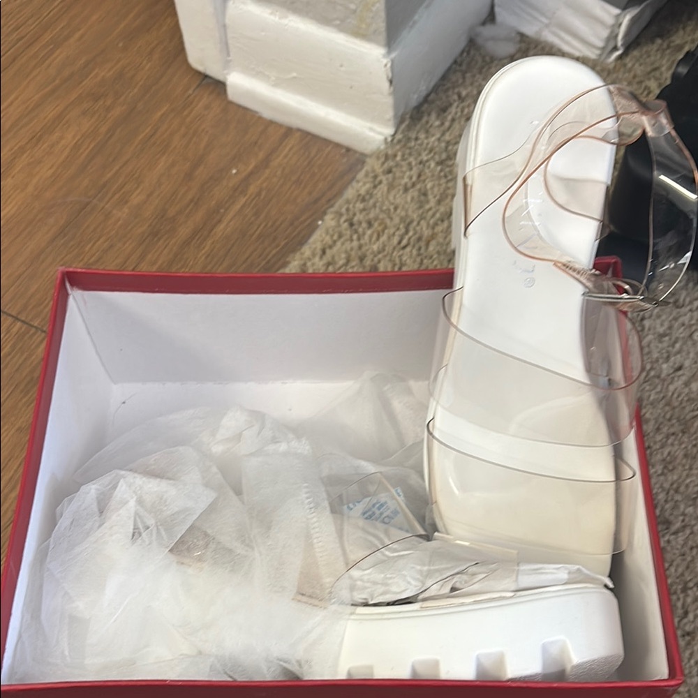 Chic White Platform Sandals with Clear Straps small chunky heel